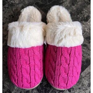 J Crew Women's Wool Cable Knit Scuff Slippers Lined Faux Fur Pink Size 7 $79